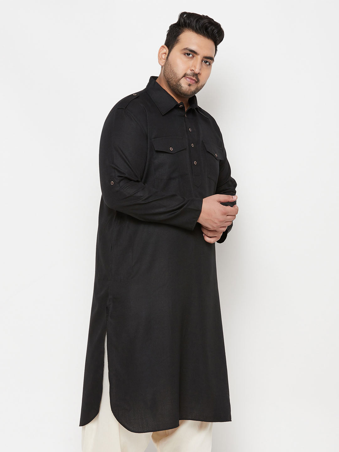 Men's Plus Size Black Cotton Blend Pathani Kurta