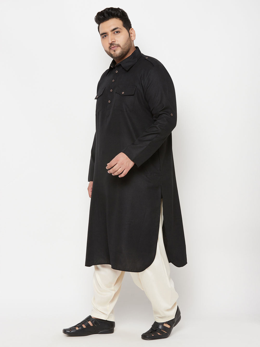 Men's Plus Size Black And Cream Cotton Blend Pathani Set