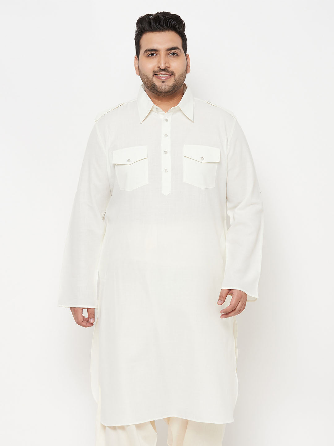 Men's Plus Size Cream Cotton Blend Pathani Kurta