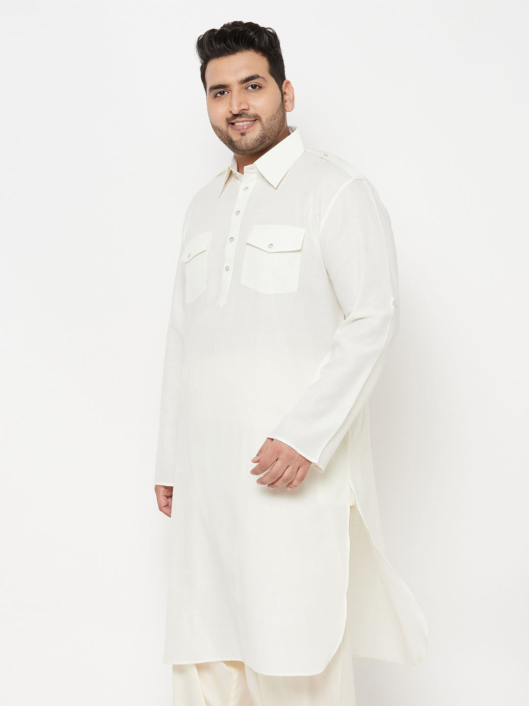 Men's Plus Size Cream Cotton Blend Pathani Kurta