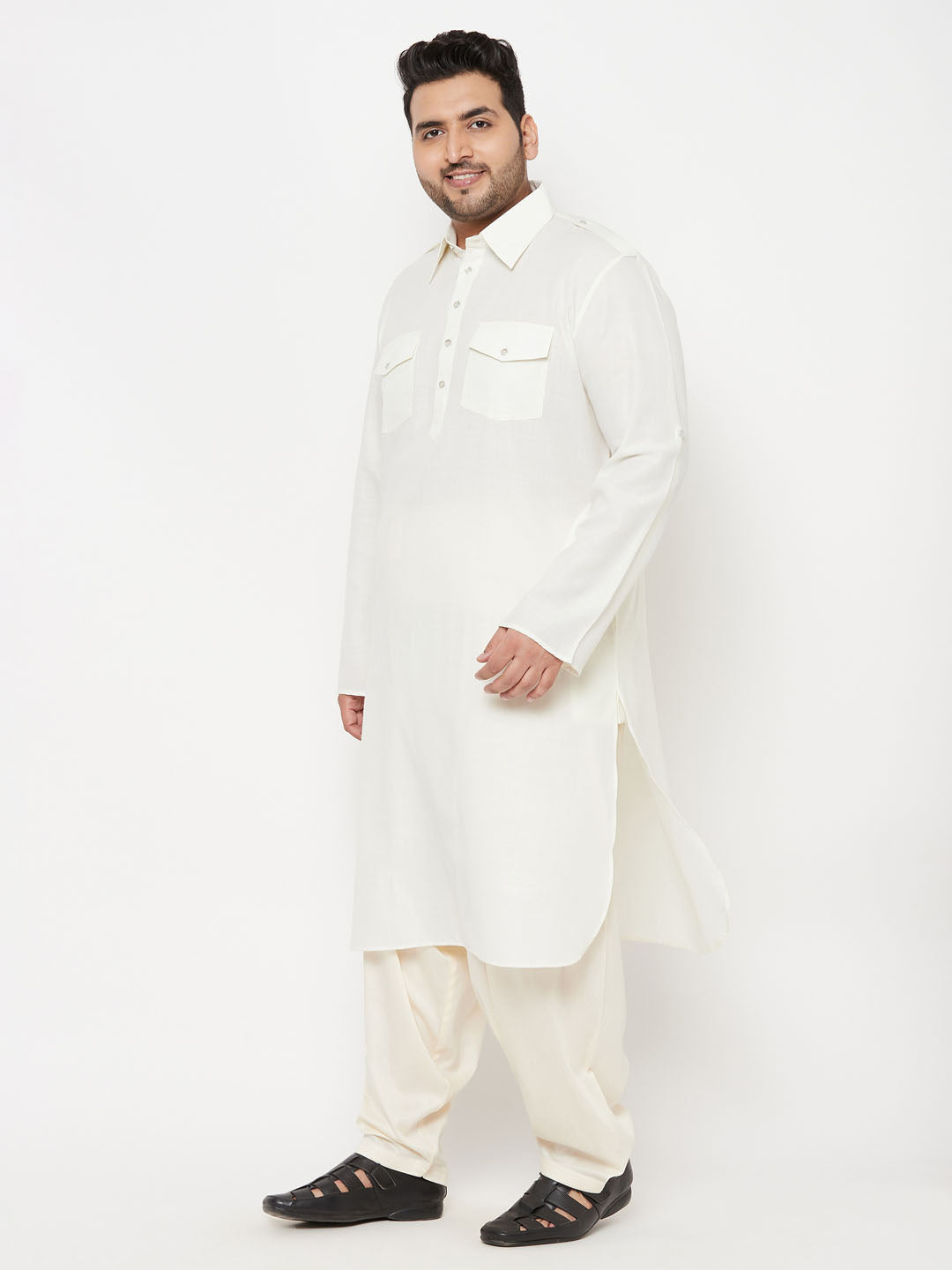 Men's Plus Size Cream Cotton Blend Pathani Set