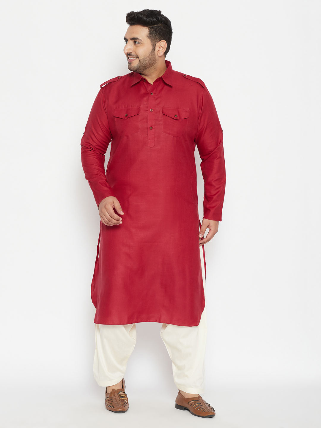 Men's Plus Size Maroon Cotton Blend Pathani Kurta