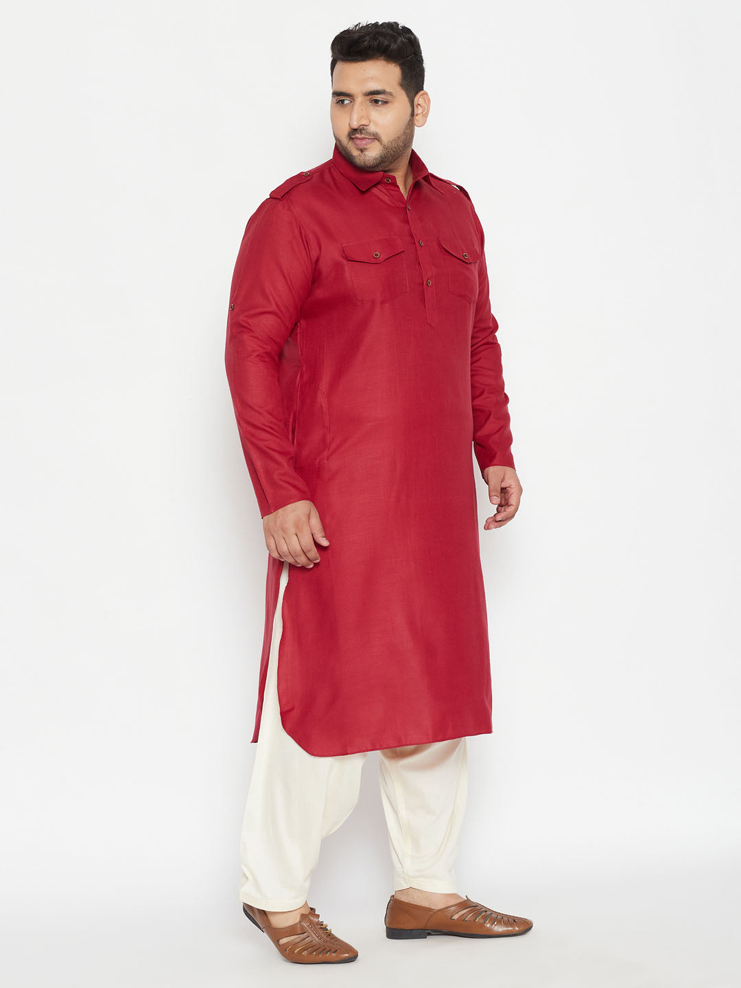 Men's Plus Size Maroon And Cream Cotton Blend Pathani Set