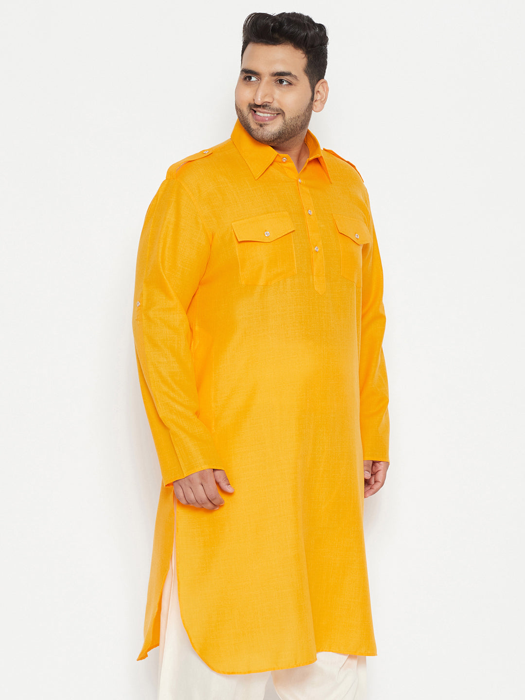 Men's Plus Size Mustard Cotton Blend Pathani Kurta