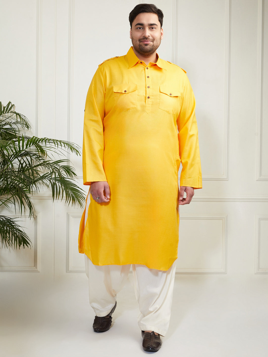 Plus Men's Mustard And Cream Cotton Blend Pathani Kurta Set