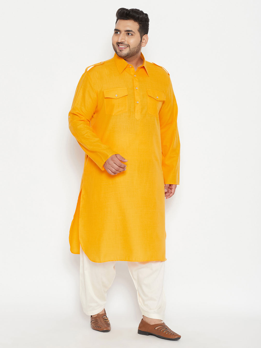 Men's Plus Size Mustard And Cream Cotton Blend Pathani Set