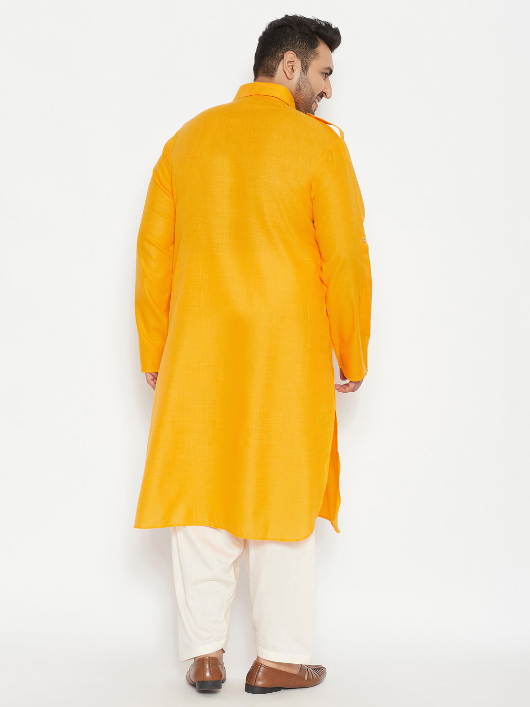 Men's Plus Size Mustard And Cream Cotton Blend Pathani Set