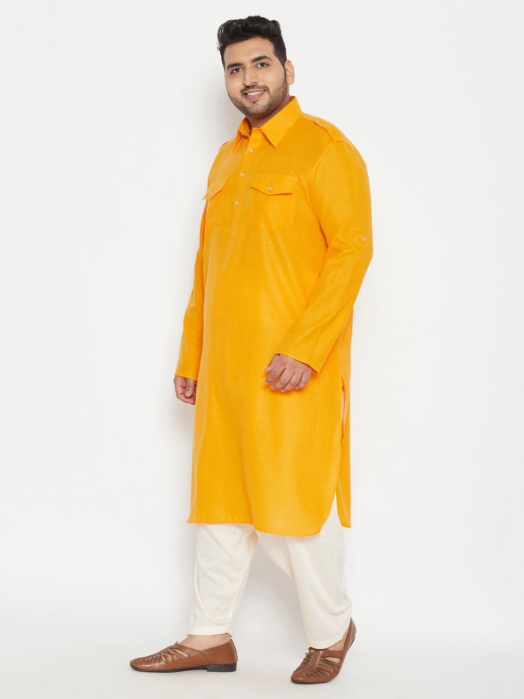 Men's Plus Size Mustard And Cream Cotton Blend Pathani Set