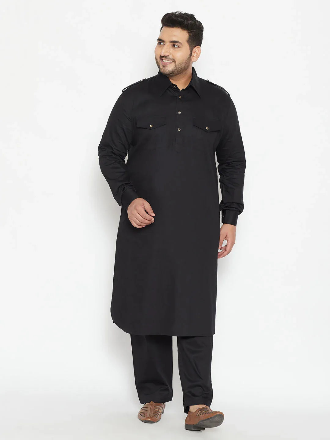 Men's Plus Size Black Cotton Blend Pathani Set