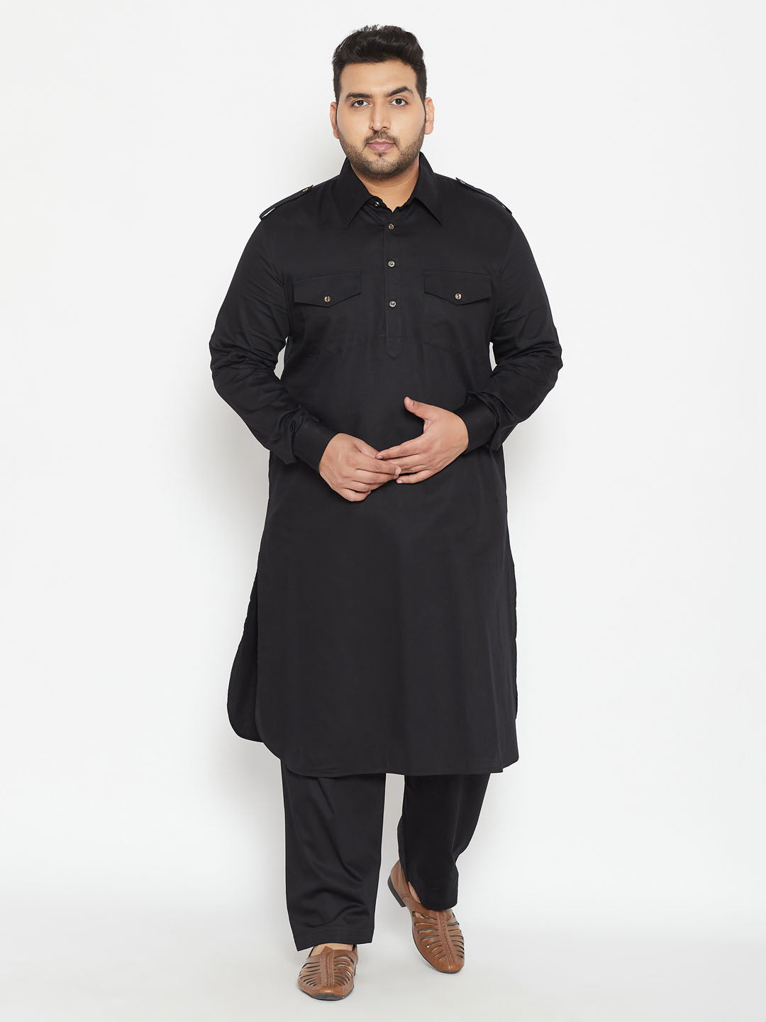 Men's Plus Size Black Cotton Blend Pathani Set