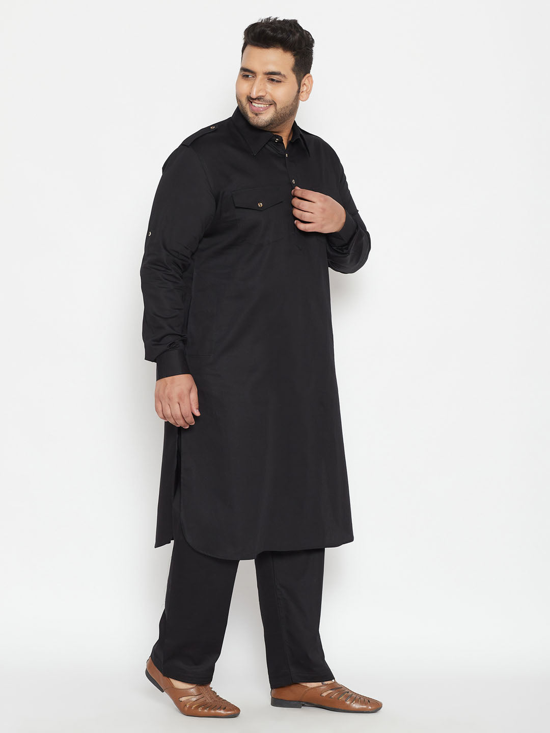 Men's Plus Size Black Cotton Blend Pathani Set
