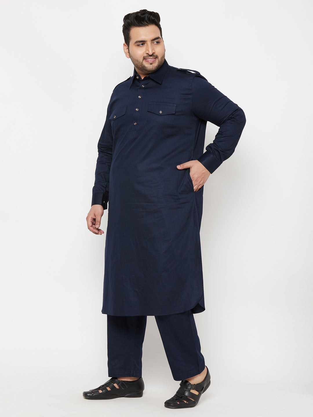 Men's Plus Size Blue Cotton Blend Pathani Kurta