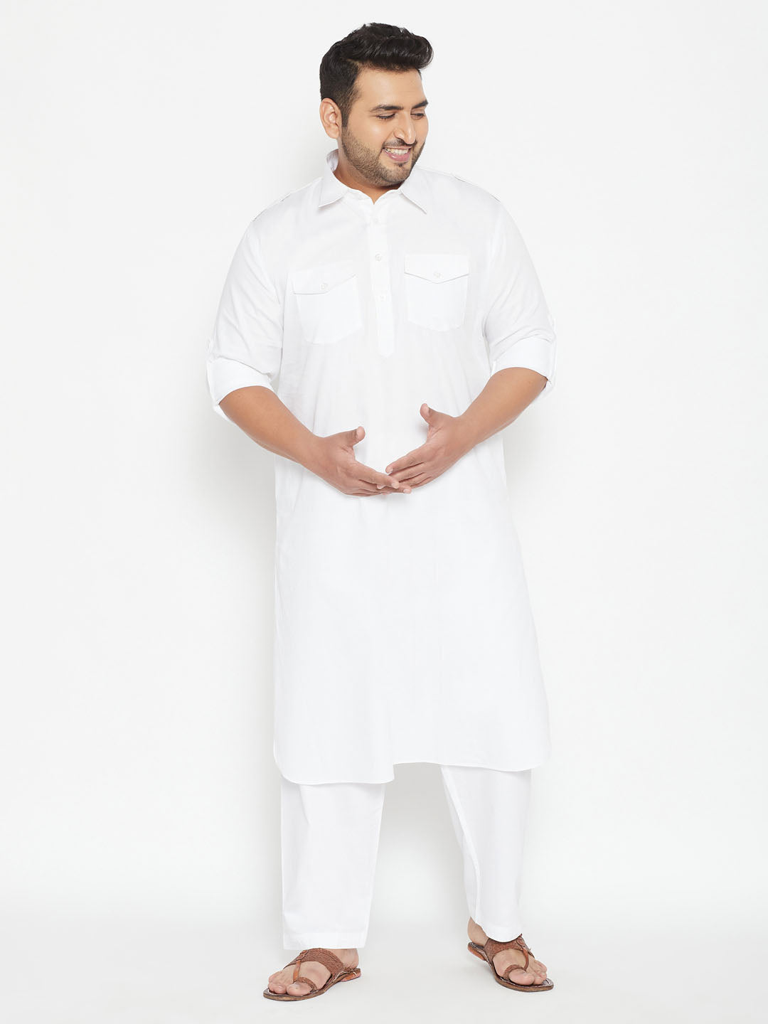 Men's Plus Size White Cotton Blend Pathani Set