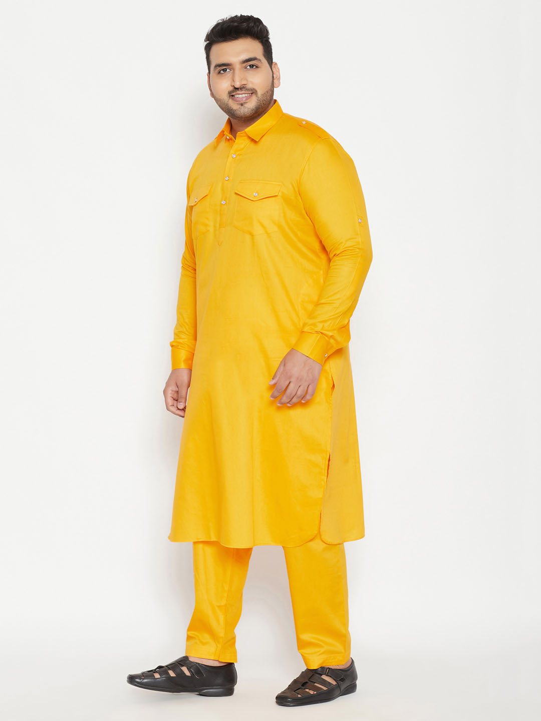 Men's Plus Size Yellow Cotton Blend Pathani Set