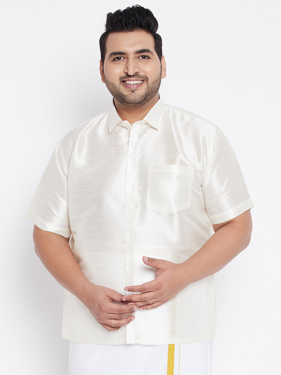Men's Plus Size Cream Silk Blend Ethnic Shirt