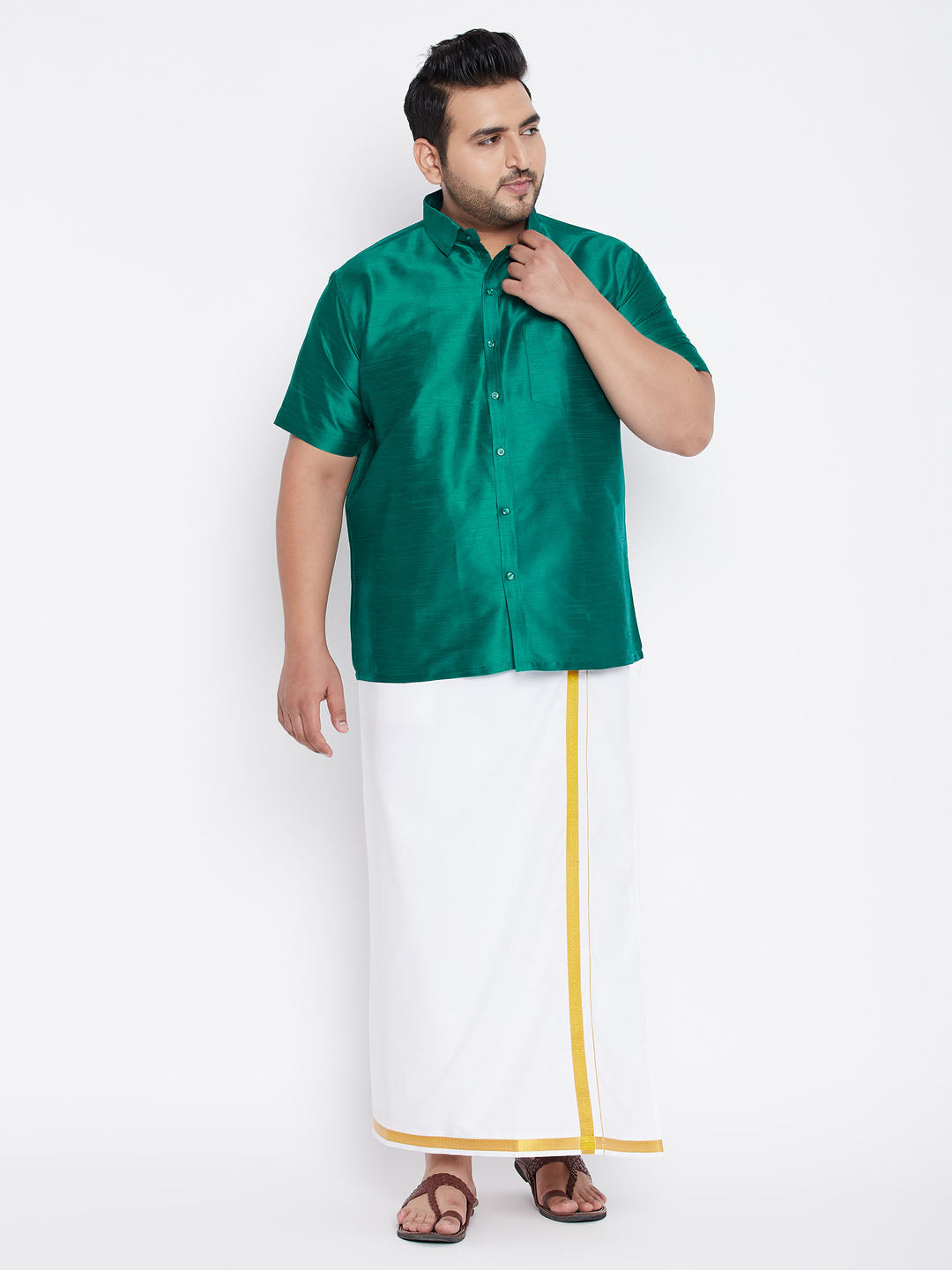 Men's Plus Size Green Silk Blend Ethnic Shirt