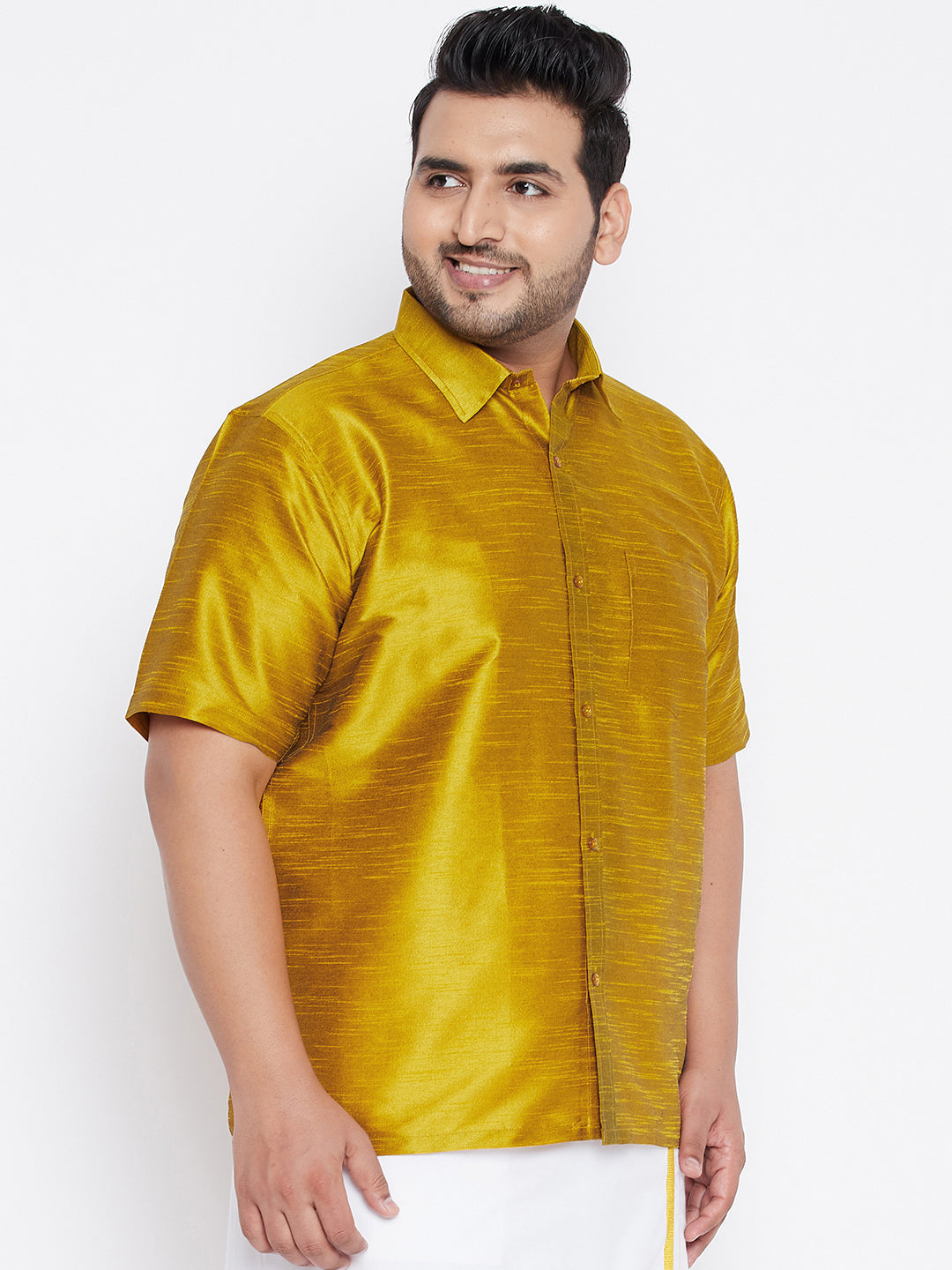Men's Plus Size Mustard Silk Blend Ethnic Shirt