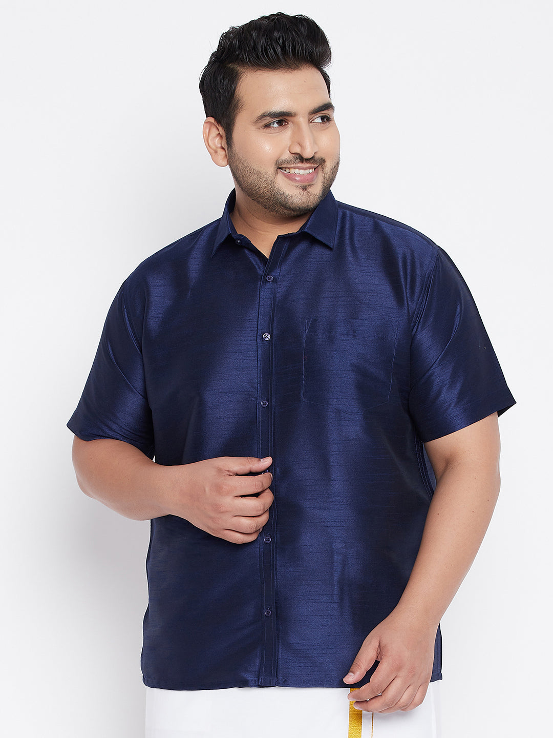 Men's Plus Size Navy Blue Silk Blend Ethnic Shirt
