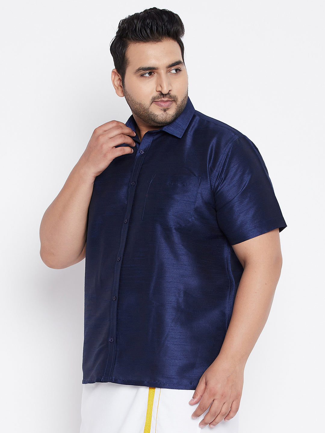 Men's Plus Size Navy Blue Silk Blend Ethnic Shirt