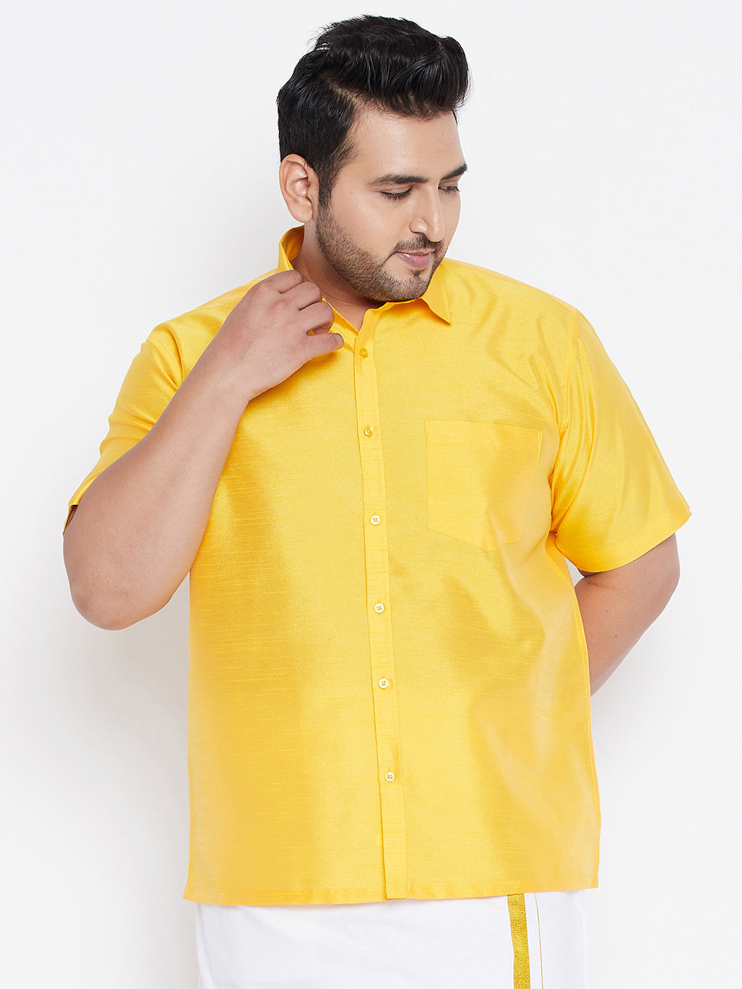 Men's Plus Size Yellow Silk Blend Ethnic Shirt