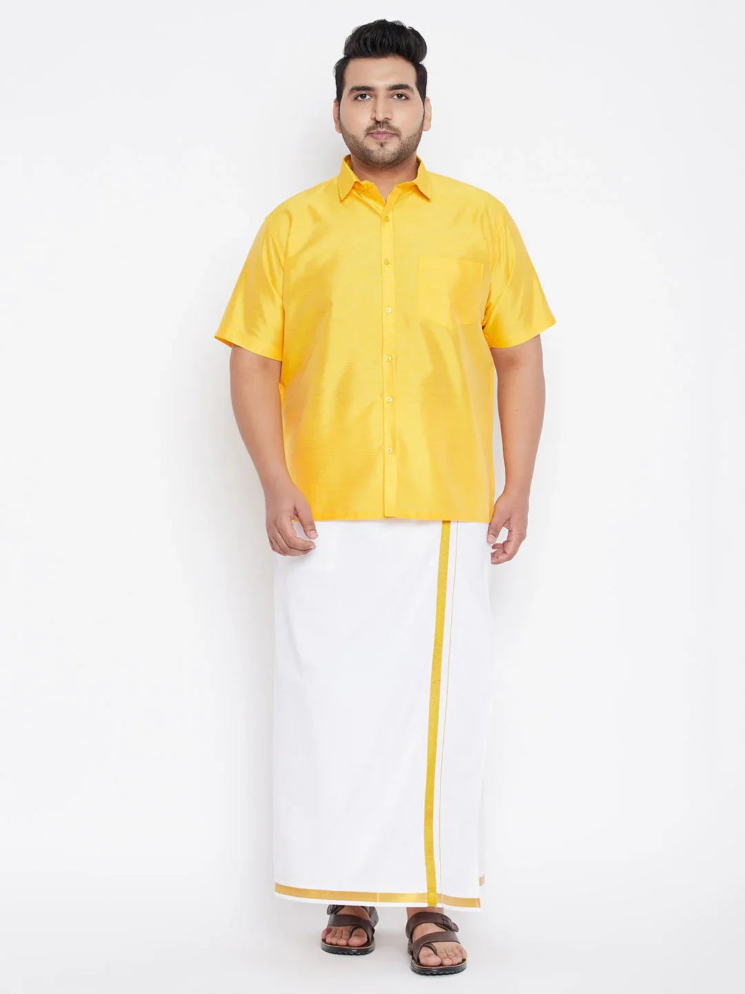 Men's Plus Size Yellow Silk Blend Ethnic Shirt