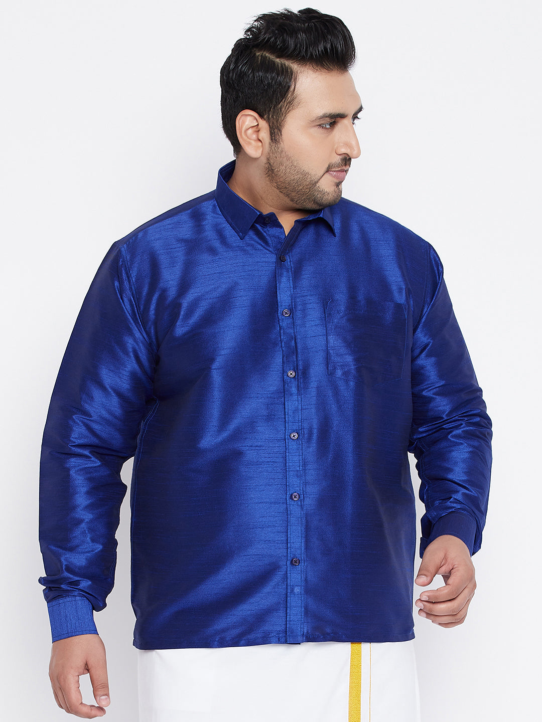 Men's Plus Size Blue Silk Blend Ethnic Shirt
