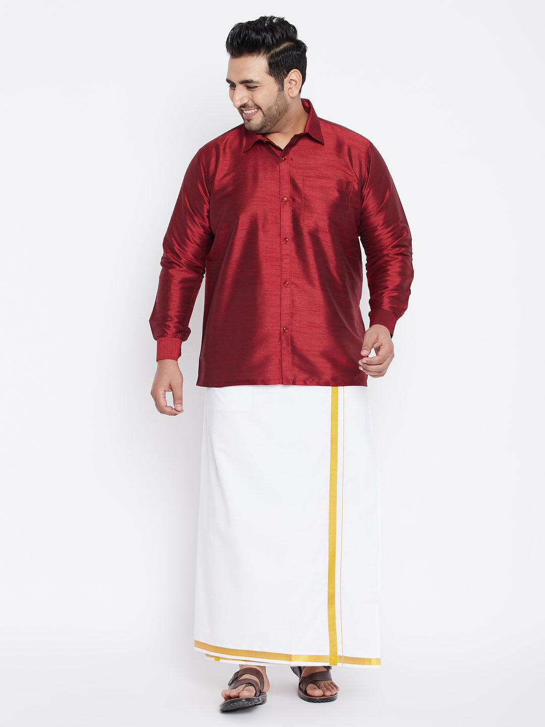Men's Plus Size Maroon Silk Blend Ethnic Shirt
