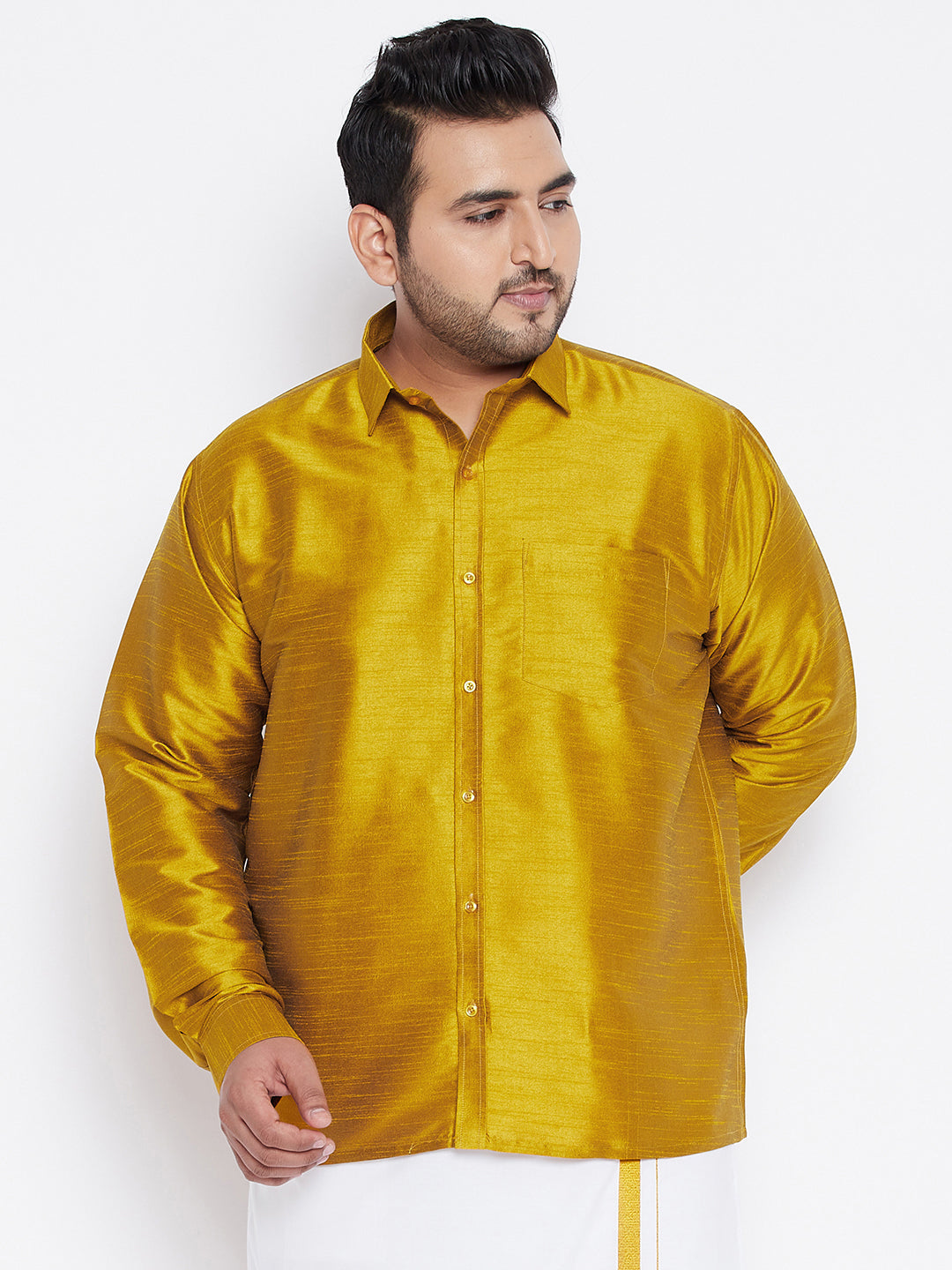 Men's Plus Size Mustard Silk Blend Ethnic Shirt