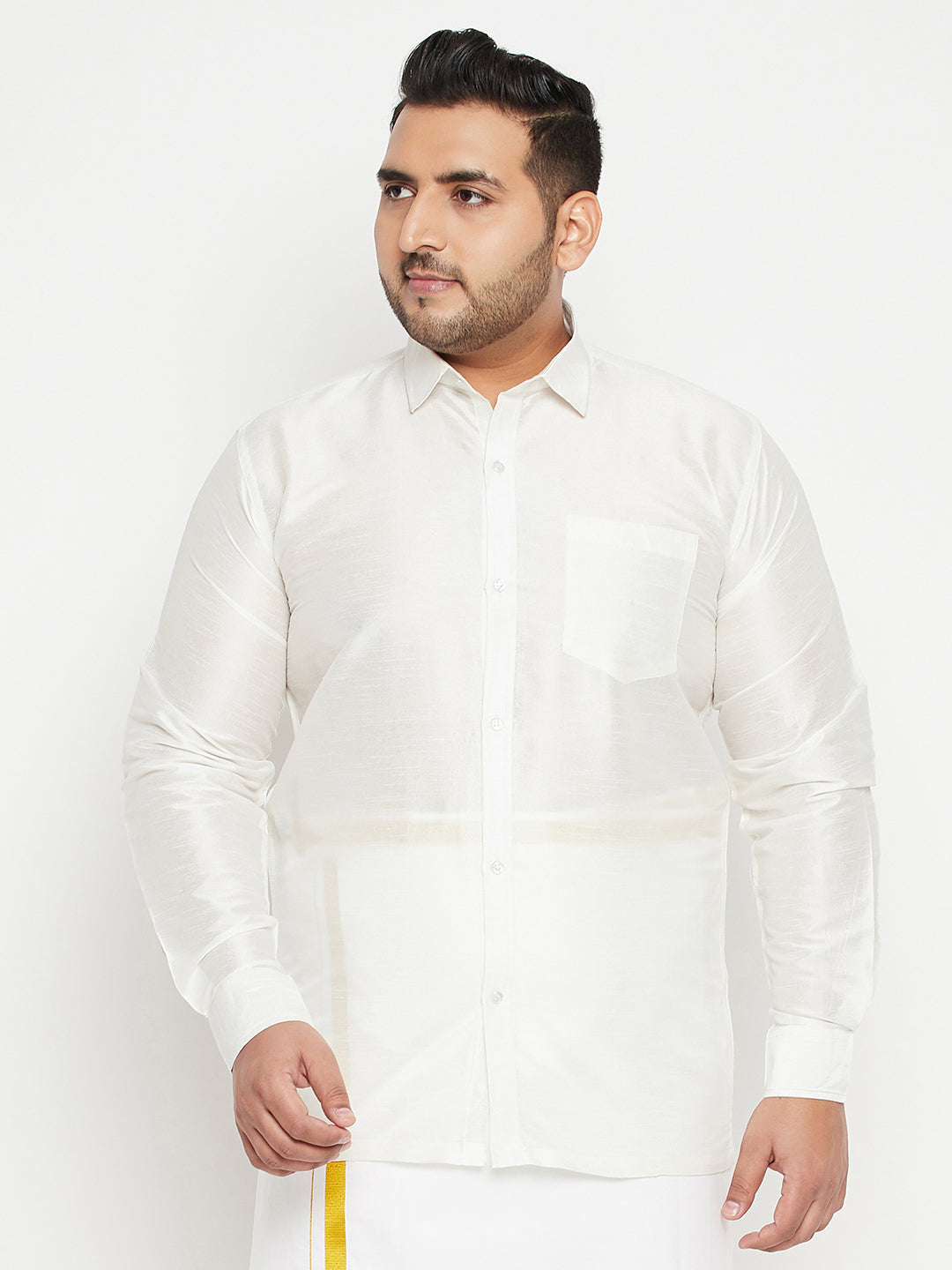 Men's Plus Size White Silk Blend Ethnic Shirt