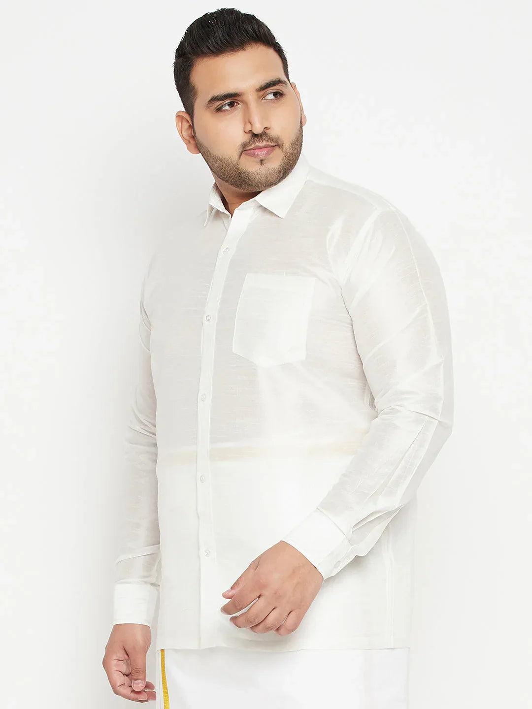 Men's Plus Size White Silk Blend Ethnic Shirt