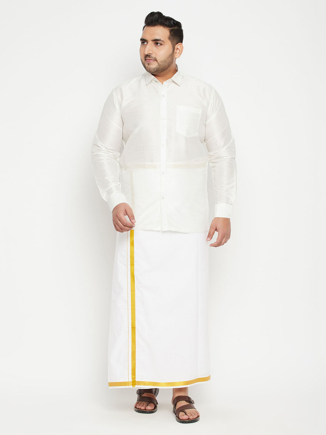 Men's Plus Size White Silk Blend Ethnic Shirt