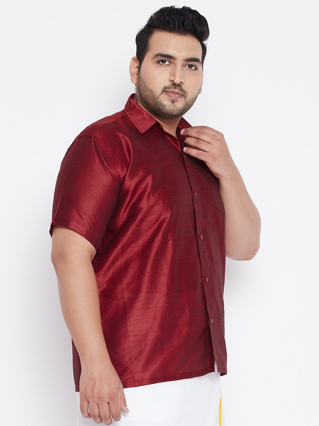 Men's Plus Size Maroon Silk Blend Ethnic Shirt