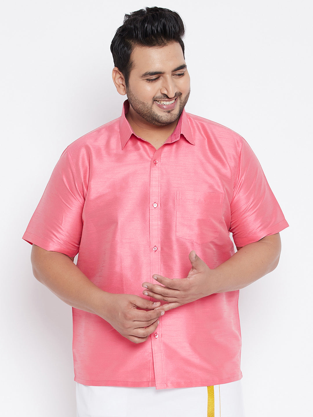 Men's Plus Size Pink Silk Blend Ethnic Shirt