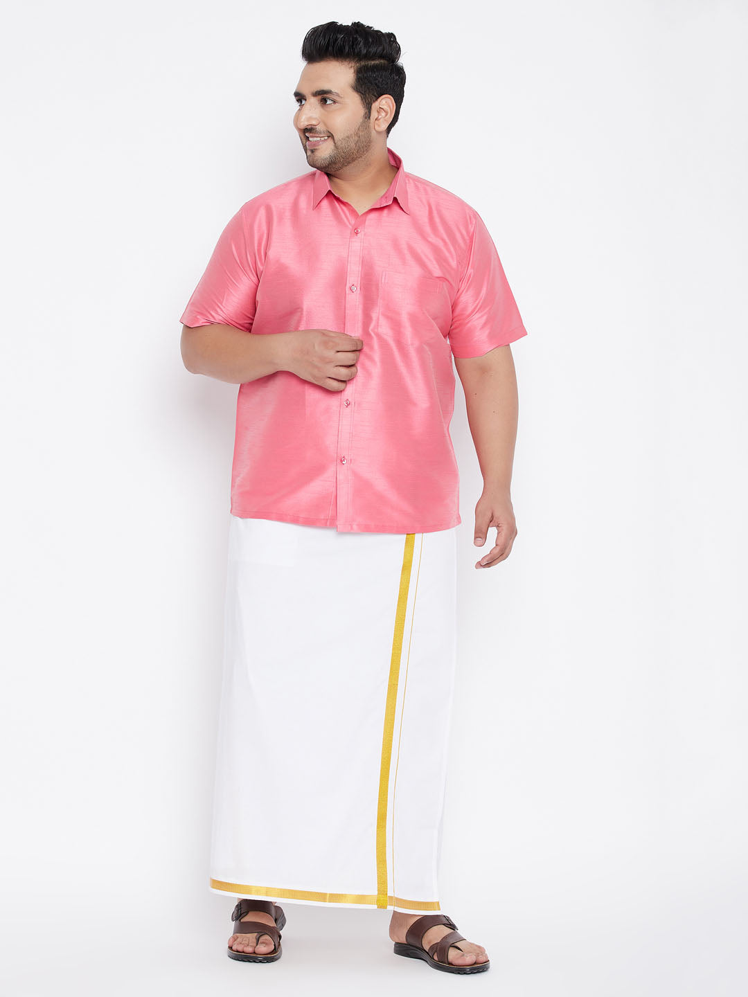 Men's Plus Size Pink Silk Blend Ethnic Shirt