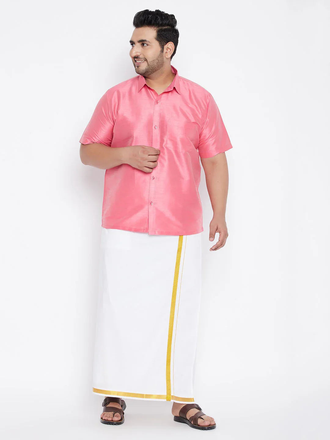 Men's Plus Size Pink Silk Blend Ethnic Shirt