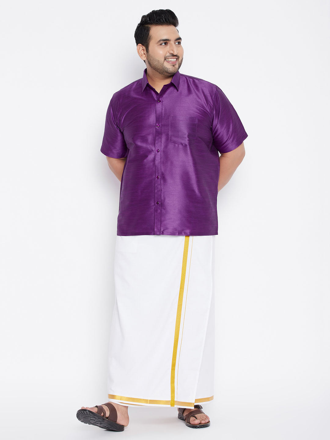 Men's Plus Size Purple Silk Blend Ethnic Shirt