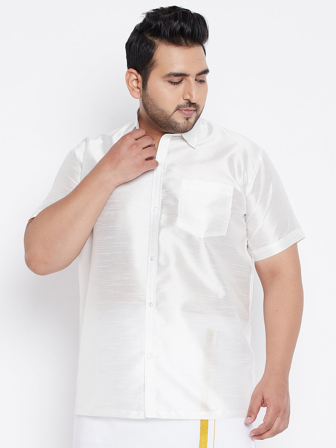 Men's Plus Size White Silk Blend Ethnic Shirt