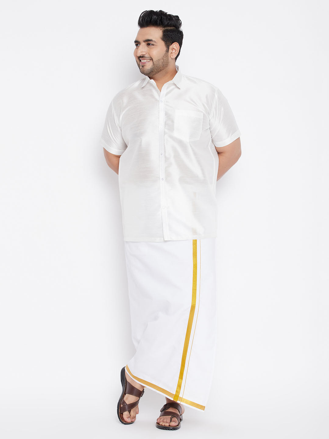 Men's Plus Size White Silk Blend Ethnic Shirt