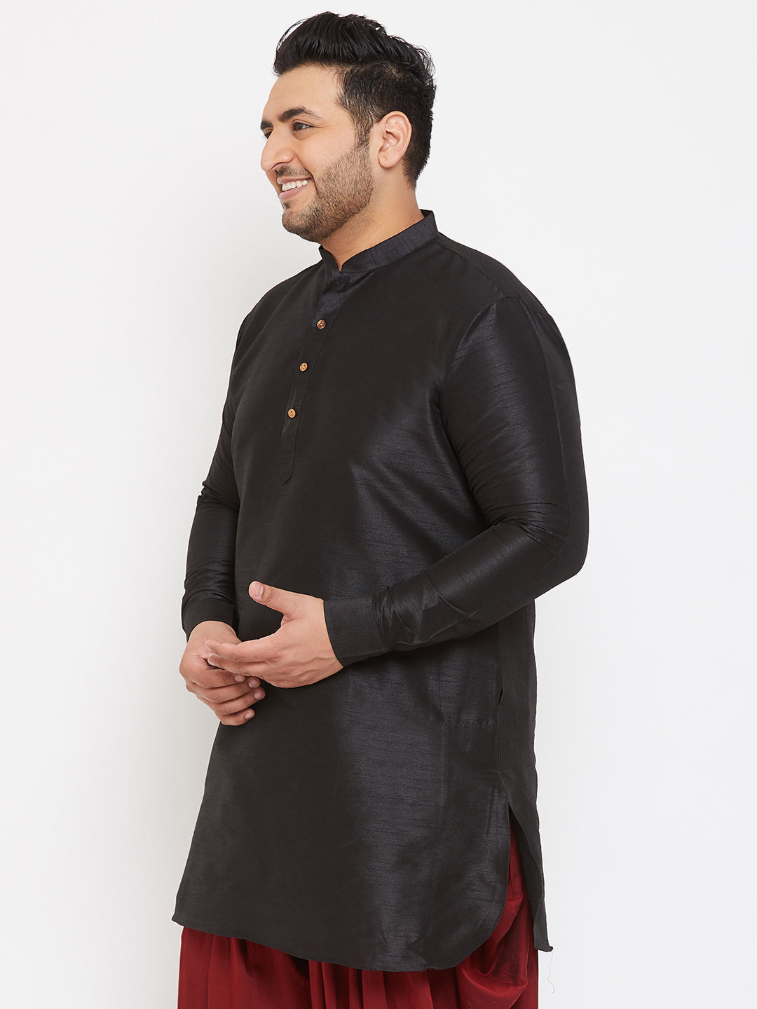 Men's Plus Size Black Silk Blend Curved Kurta