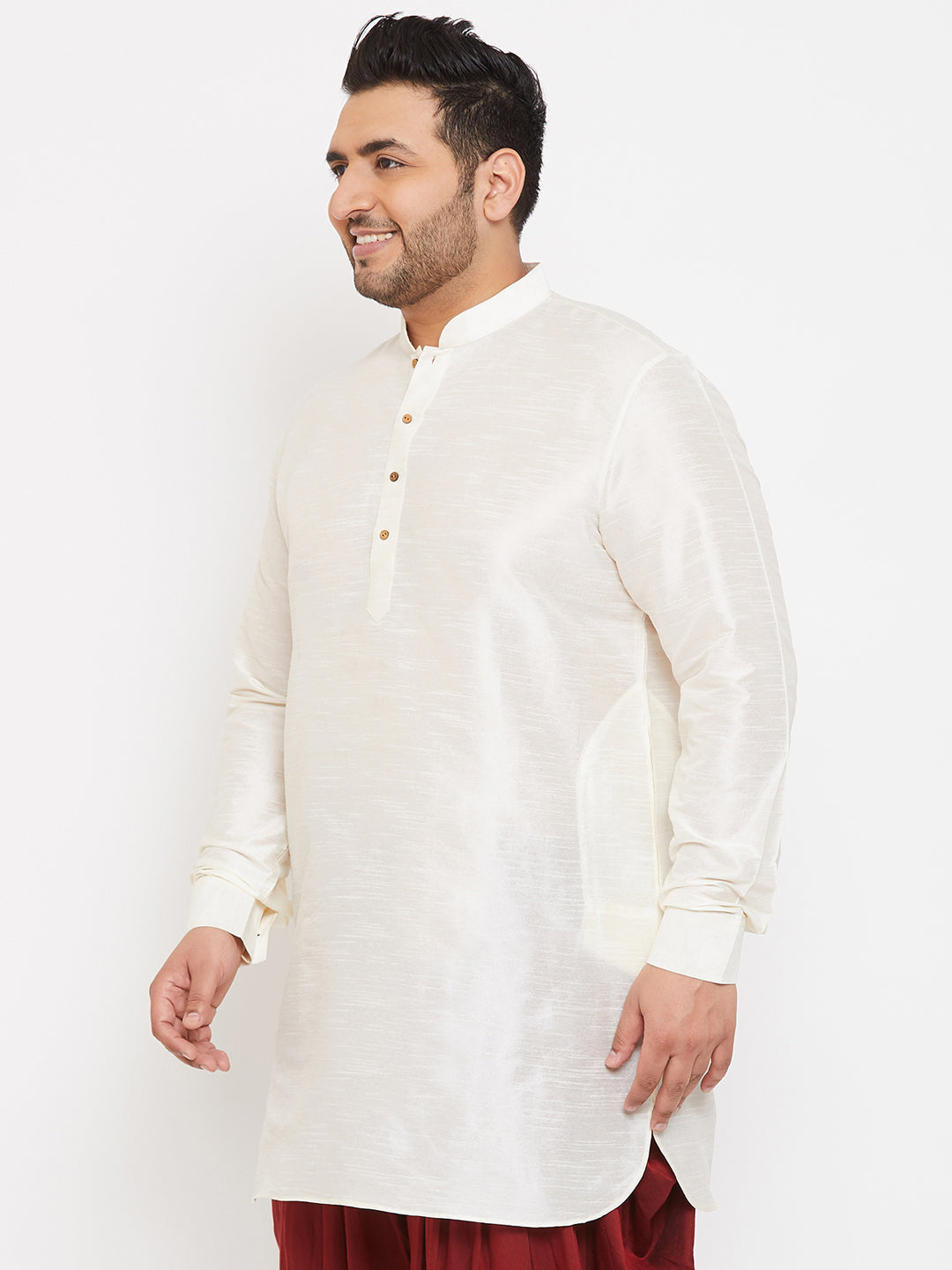 Men's Plus Size Cream Silk Blend Curved Kurta
