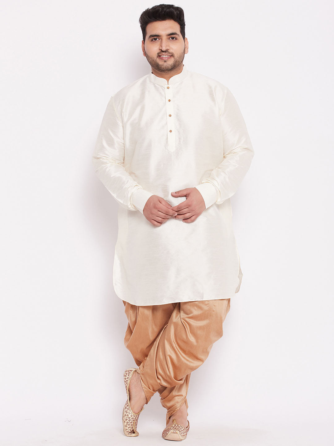 Men's Plus Size Cream Silk Blend Curved Kurta Dhoti Set