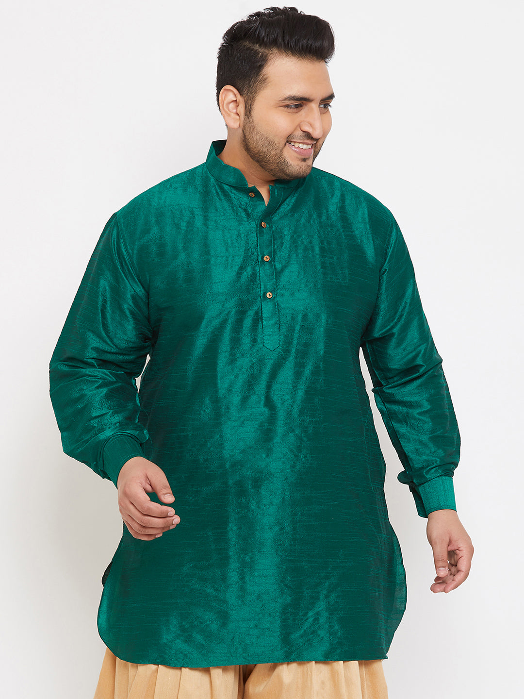 Men's Plus Size Green Silk Blend Curved Kurta