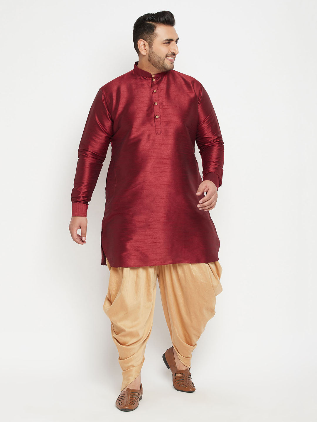 Men's Plus Size Maroon Silk Blend Curved Kurta Dhoti Set