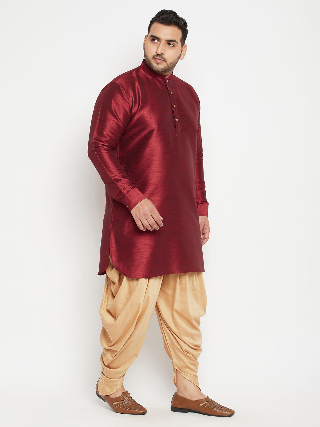 Men's Plus Size Maroon Silk Blend Curved Kurta Dhoti Set
