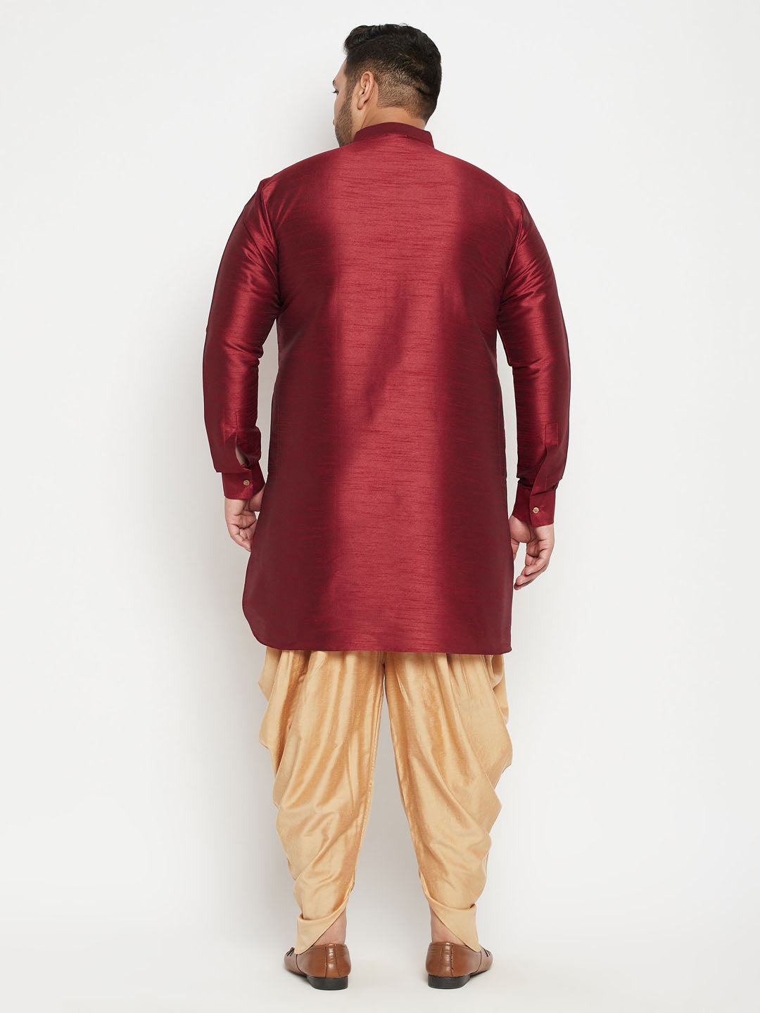 Men's Plus Size Maroon Silk Blend Curved Kurta Dhoti Set