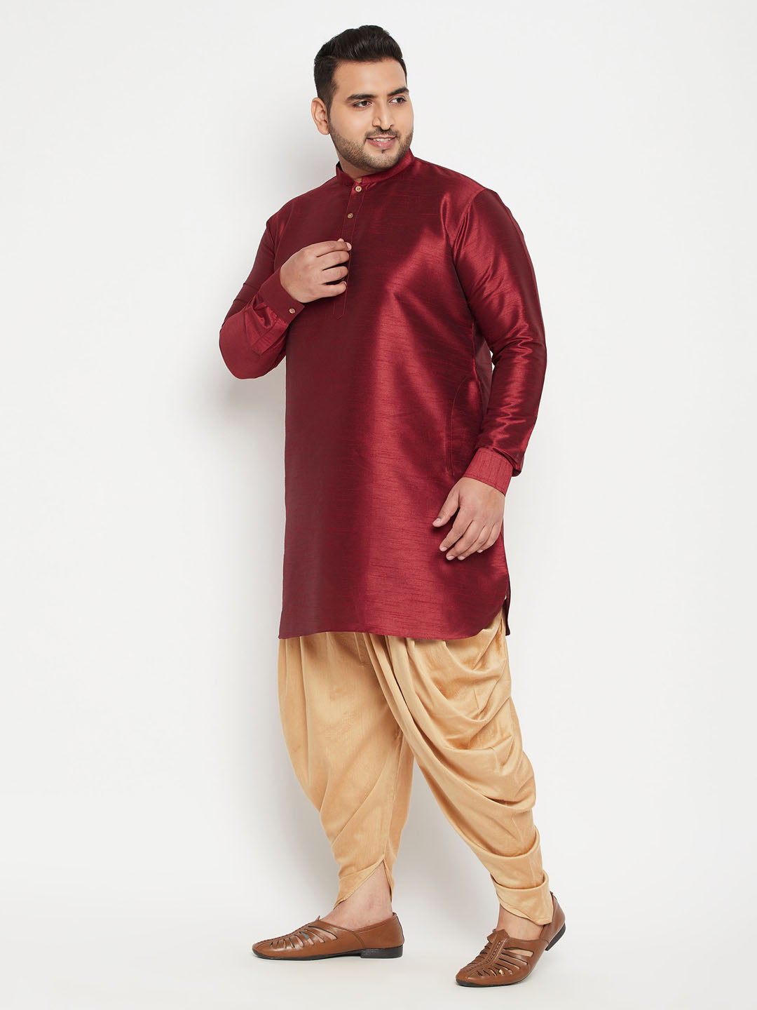 Men's Plus Size Maroon Silk Blend Curved Kurta Dhoti Set