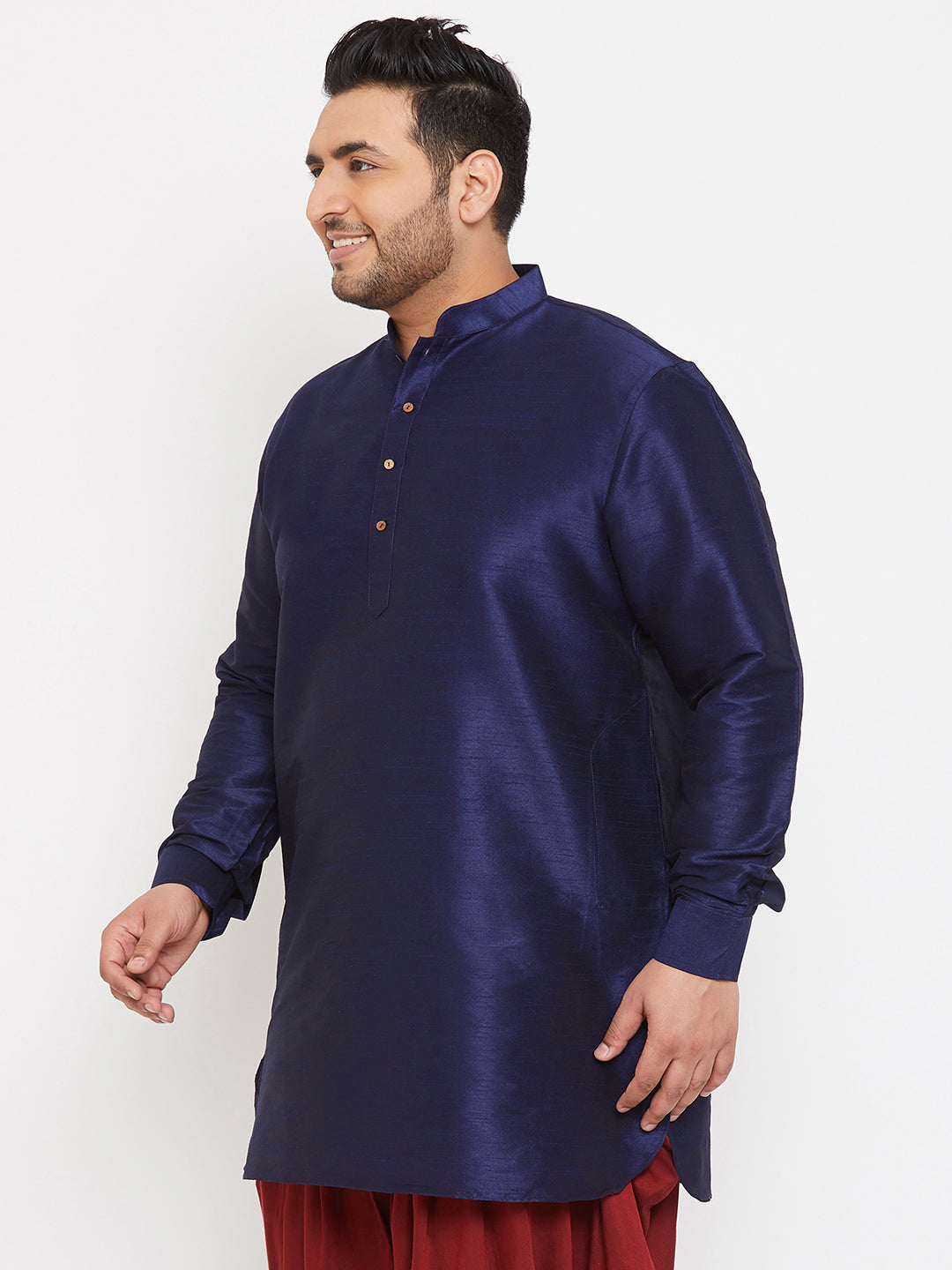 Men's Plus Size Navy Blue Silk Blend Curved Kurta