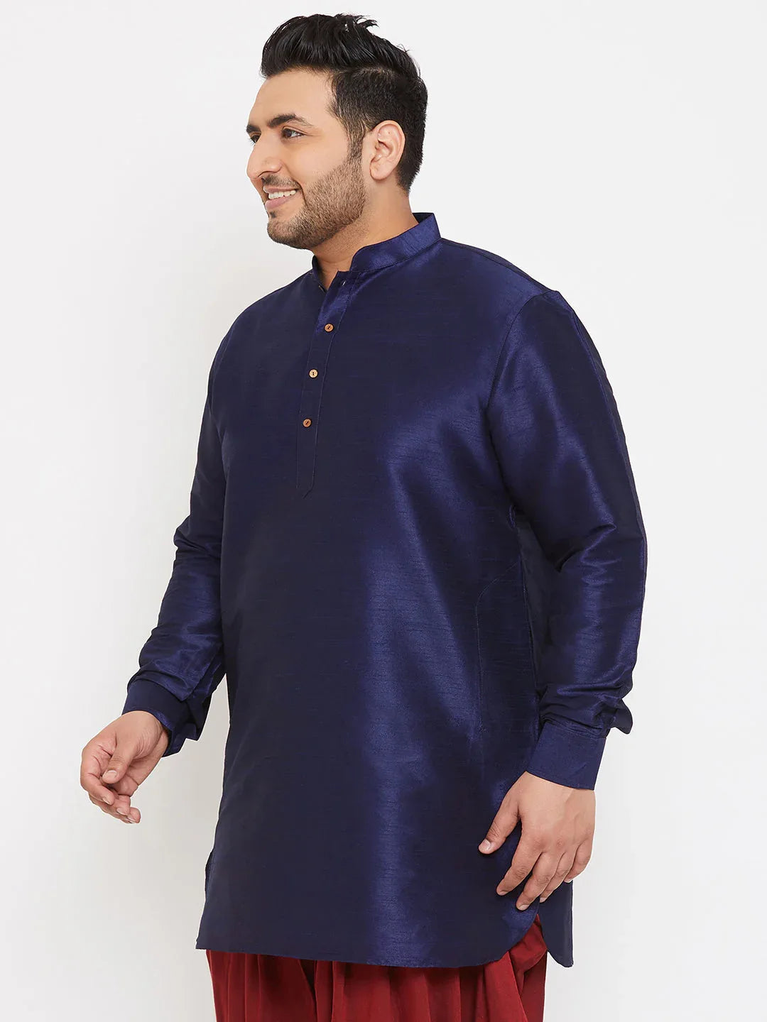 Men's Plus Size Navy Blue Silk Blend Curved Kurta