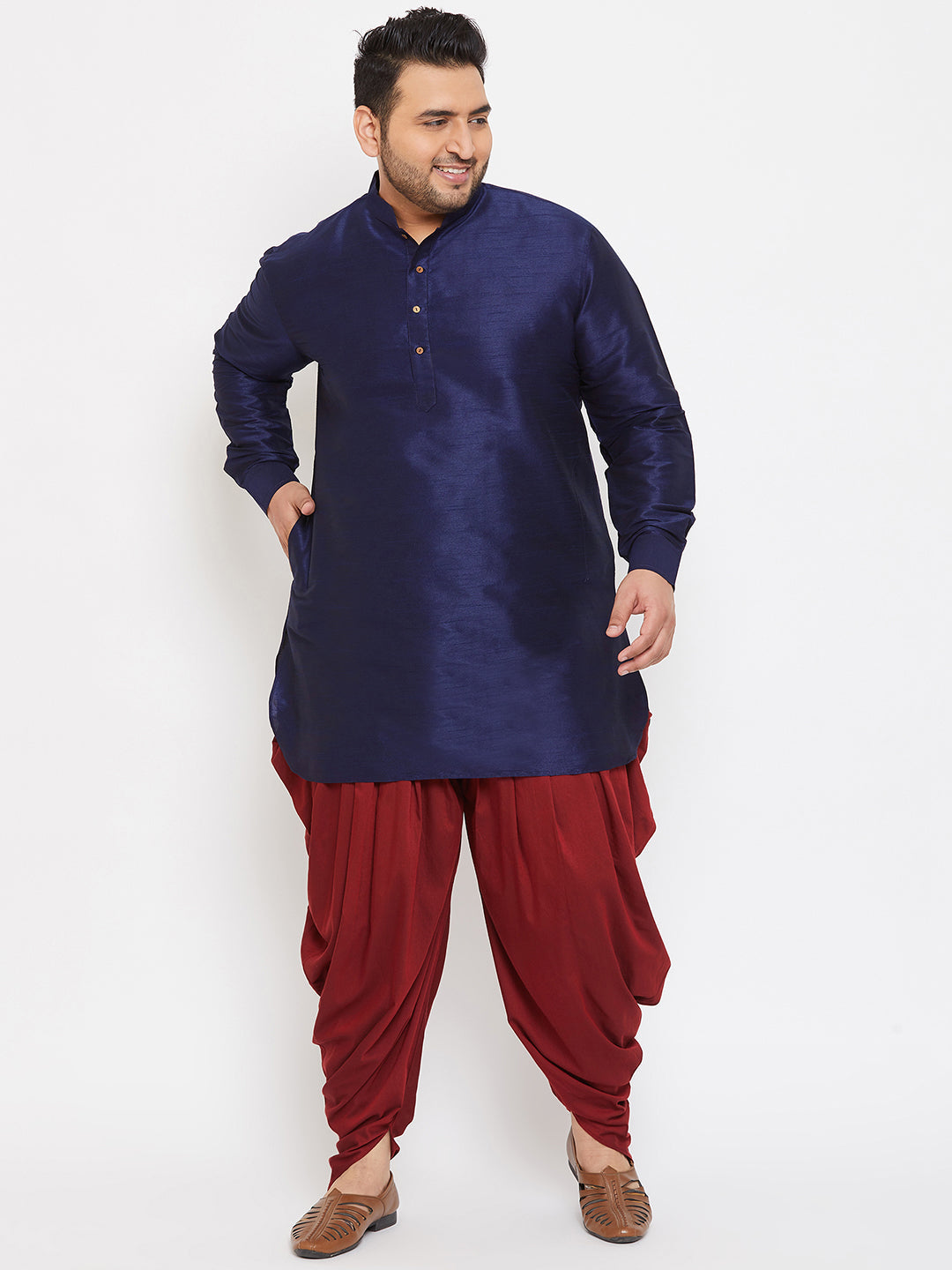 Men's Plus Size Navy Blue Silk Blend Curved Kurta
