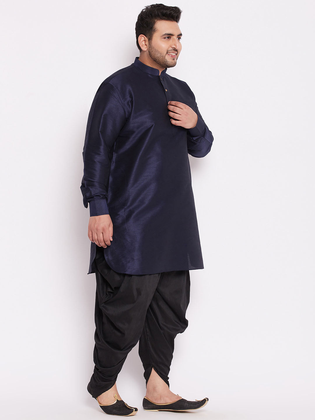Men's Plus Size Navy Blue Silk Blend Curved Kurta Dhoti Set